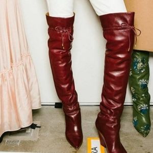 TORY BURCH Lila LEATHER Over The Knee High Scrunch BOOTS Burgundy 6.5 LNWT